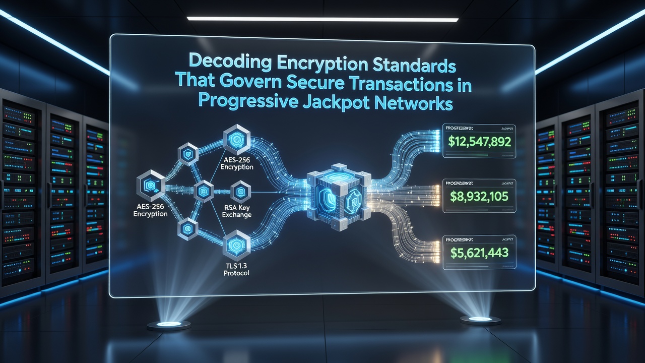 Diagram showing TLS handshake and AES encryption protecting real-time jackpot updates between servers in different countries